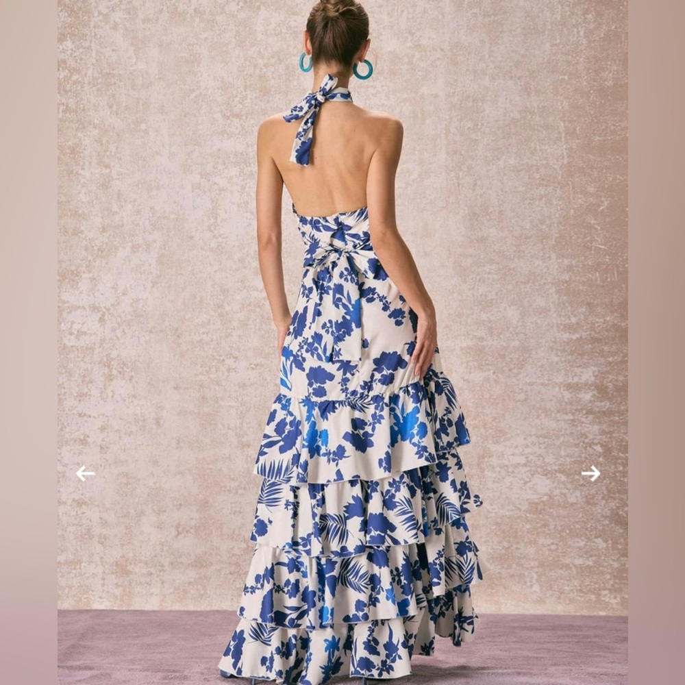 the blue halter cut out ruffle maxi Dress Size XL wedding multi blue wht floral - Picture 3 of 15